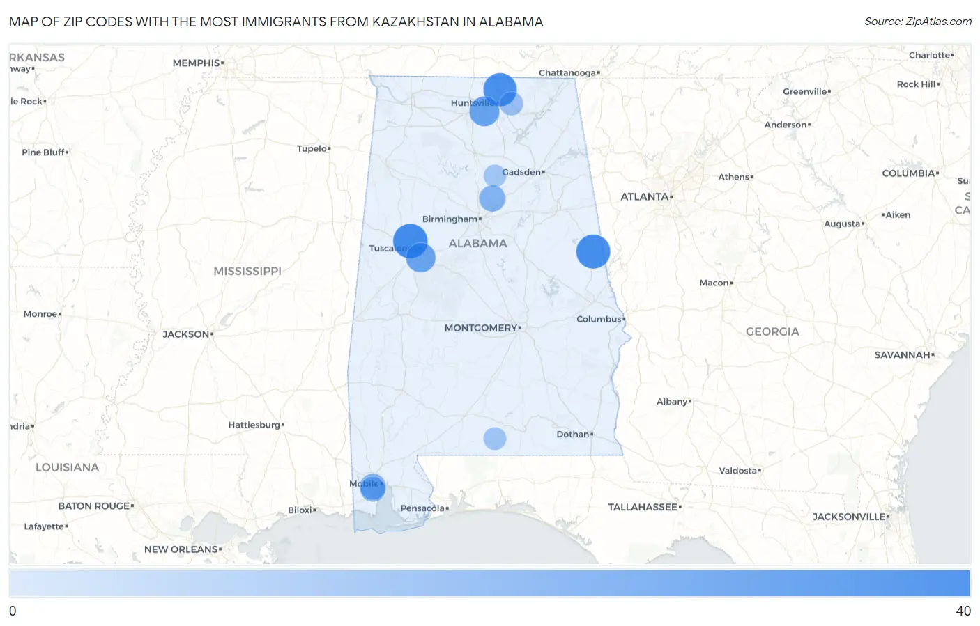 Zip Codes with the Most Immigrants from Kazakhstan in Alabama Map