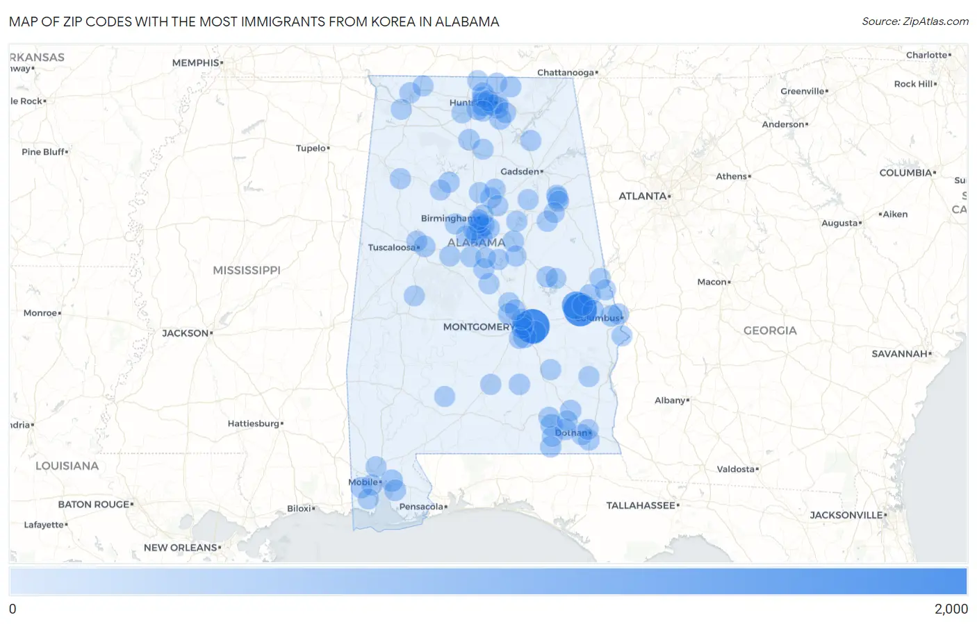 Zip Codes with the Most Immigrants from Korea in Alabama Map