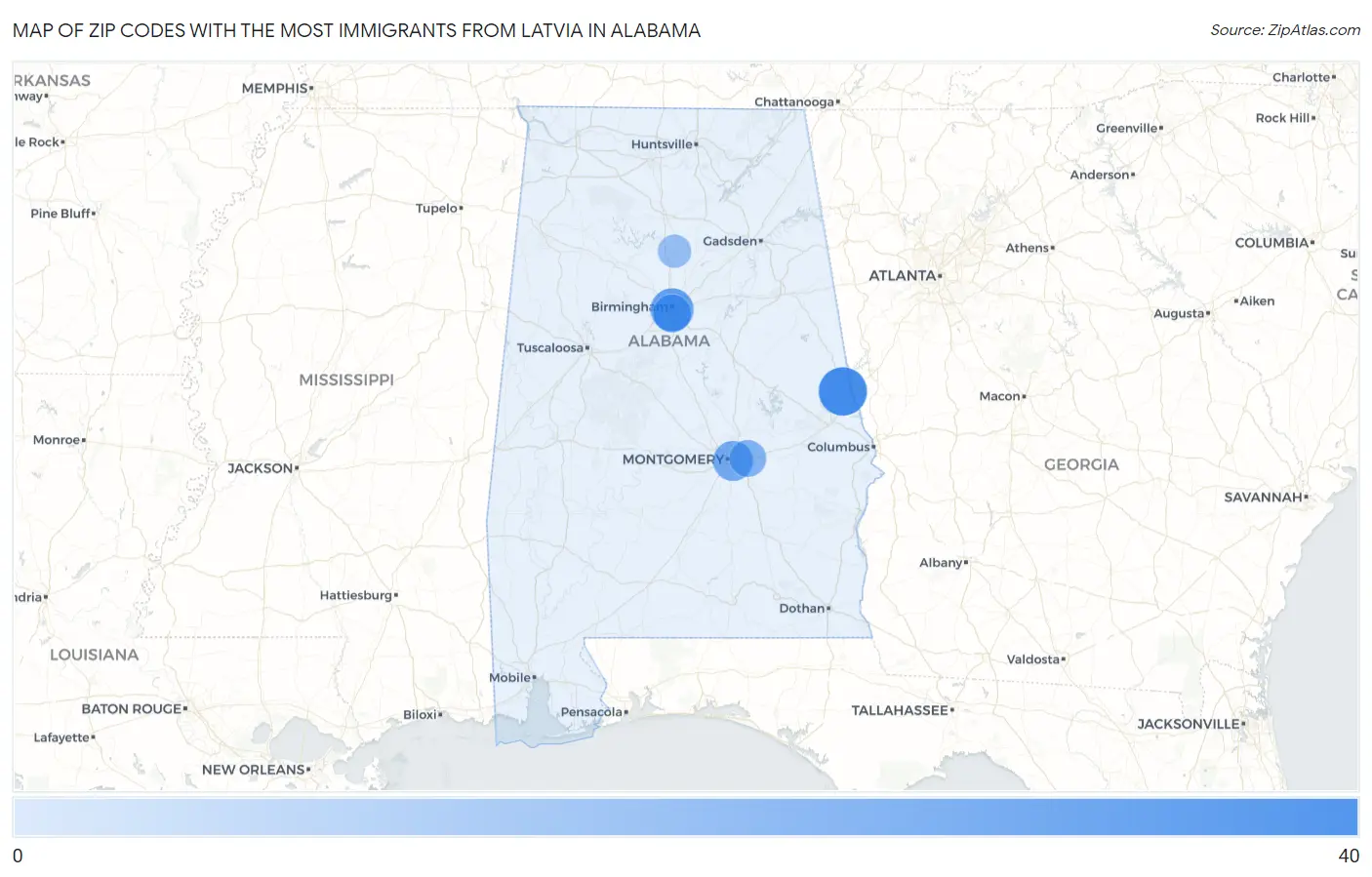 Zip Codes with the Most Immigrants from Latvia in Alabama Map