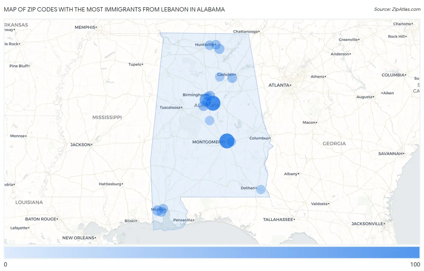 Zip Codes with the Most Immigrants from Lebanon in Alabama Map