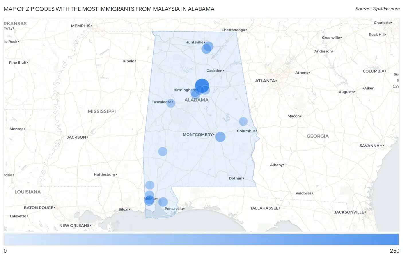 Zip Codes with the Most Immigrants from Malaysia in Alabama Map