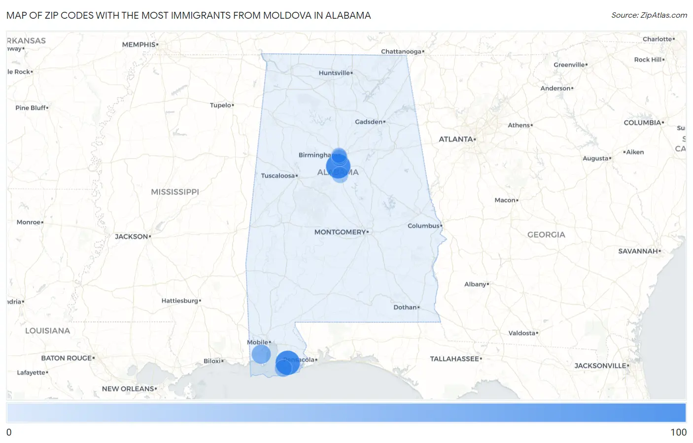 Zip Codes with the Most Immigrants from Moldova in Alabama Map
