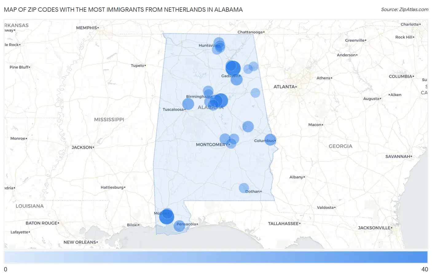 Zip Codes with the Most Immigrants from Netherlands in Alabama Map