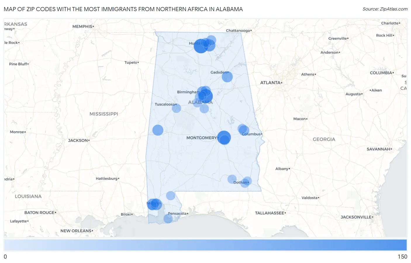 Zip Codes with the Most Immigrants from Northern Africa in Alabama Map