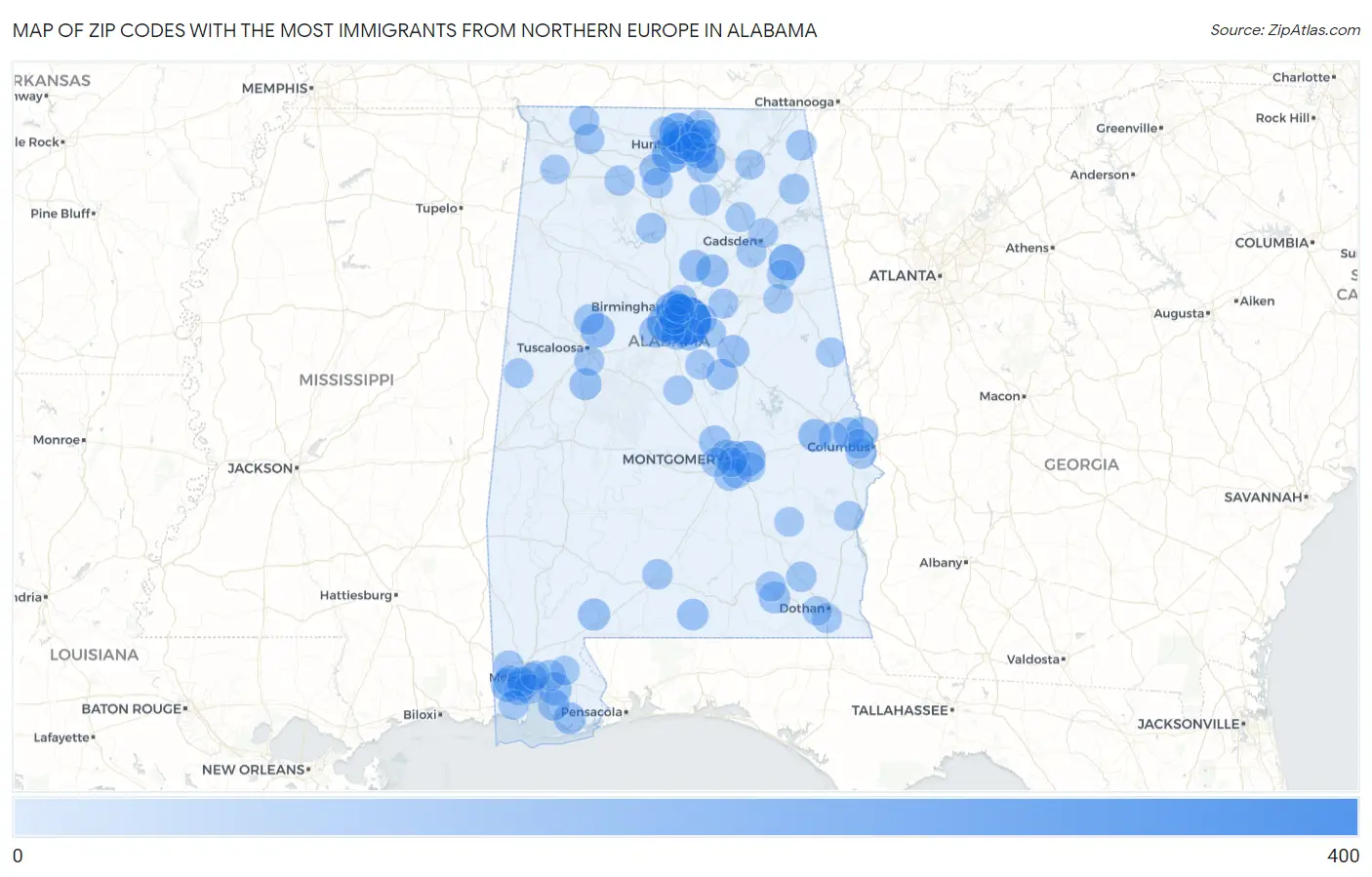 Zip Codes with the Most Immigrants from Northern Europe in Alabama Map