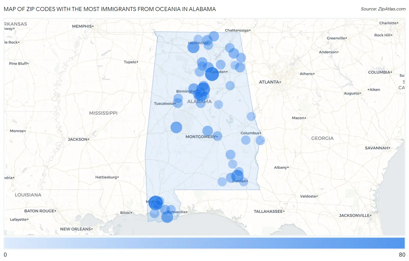 Zip Codes with the Most Immigrants from Oceania in Alabama Map