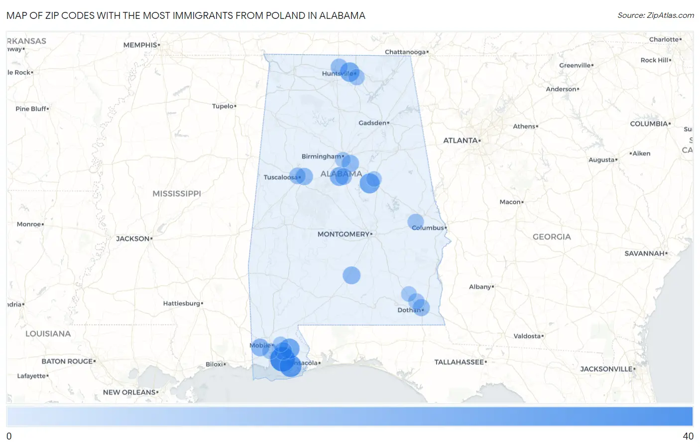 Zip Codes with the Most Immigrants from Poland in Alabama Map