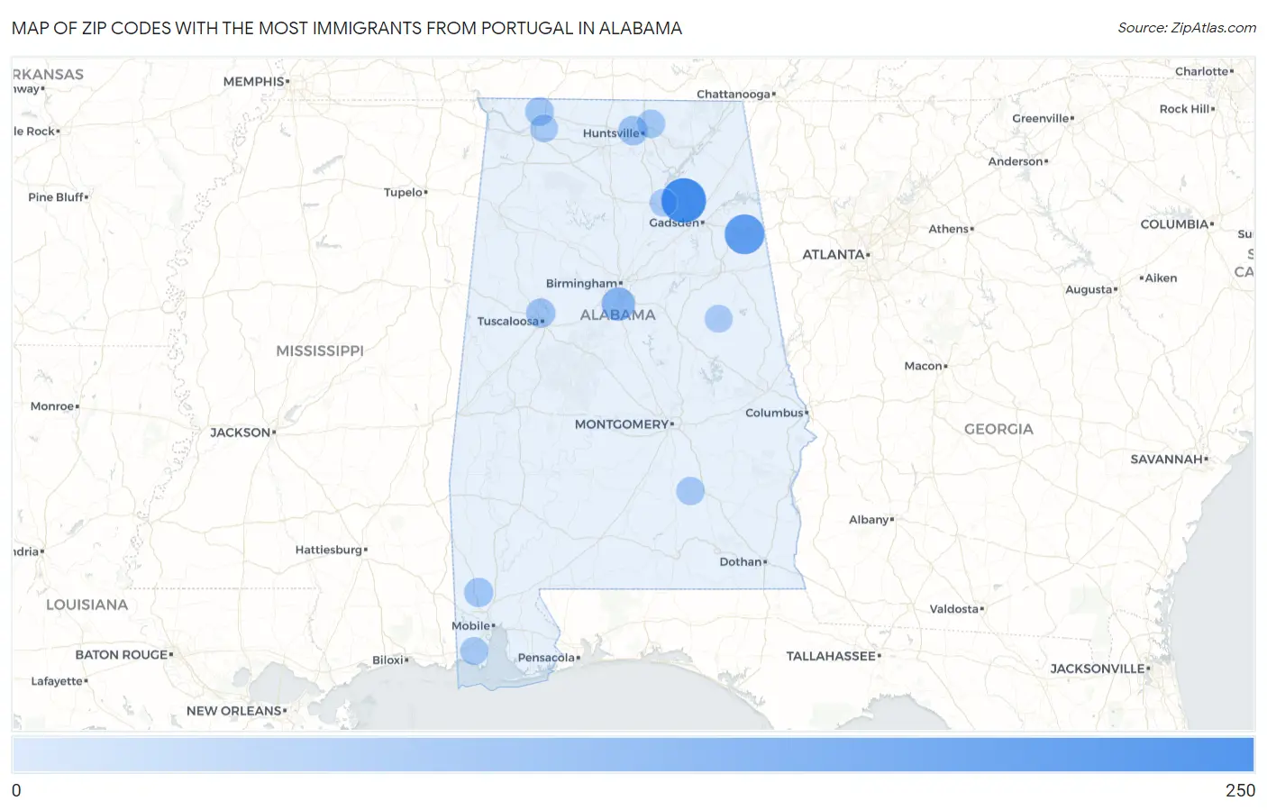 Zip Codes with the Most Immigrants from Portugal in Alabama Map
