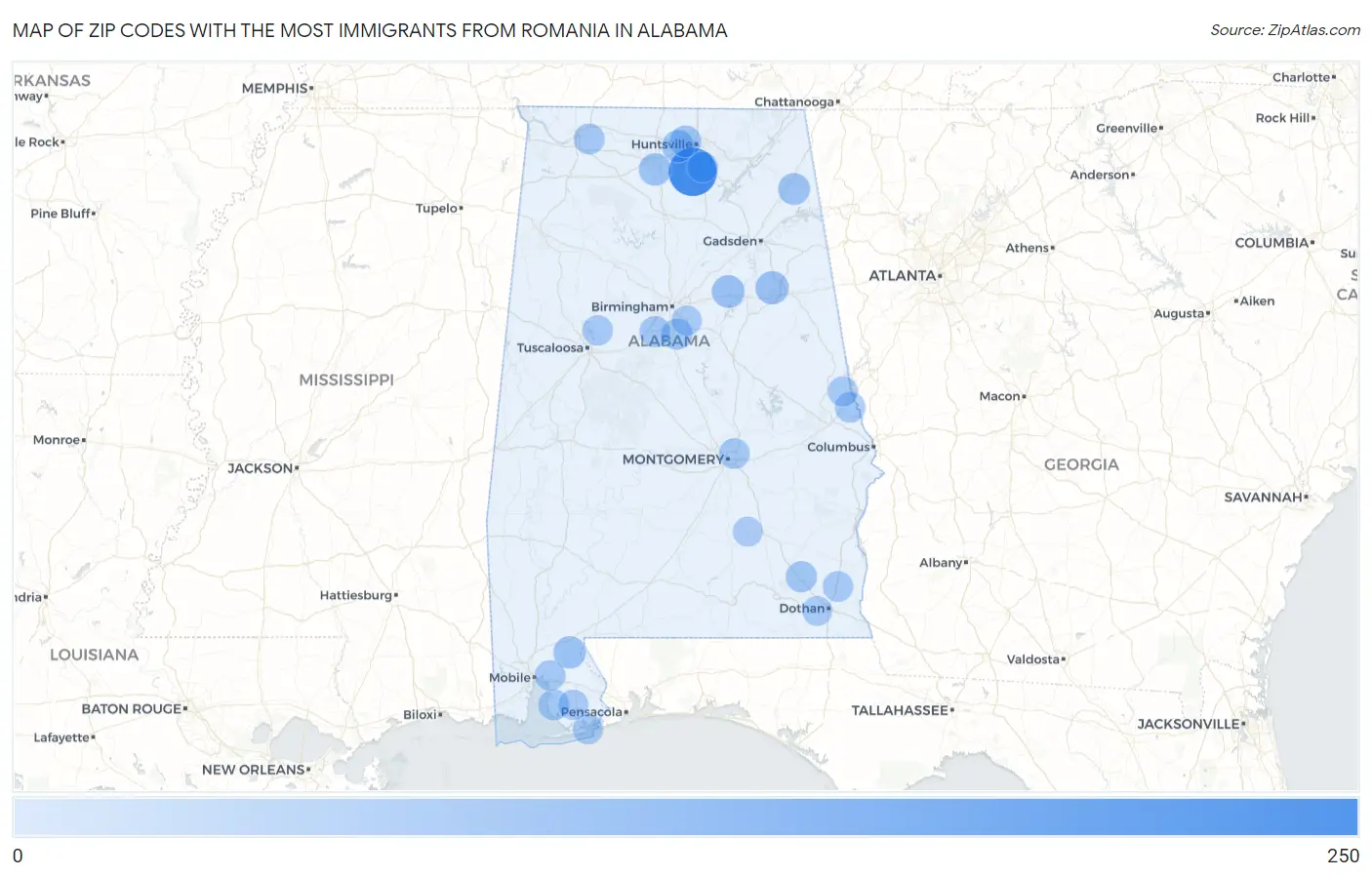 Zip Codes with the Most Immigrants from Romania in Alabama Map
