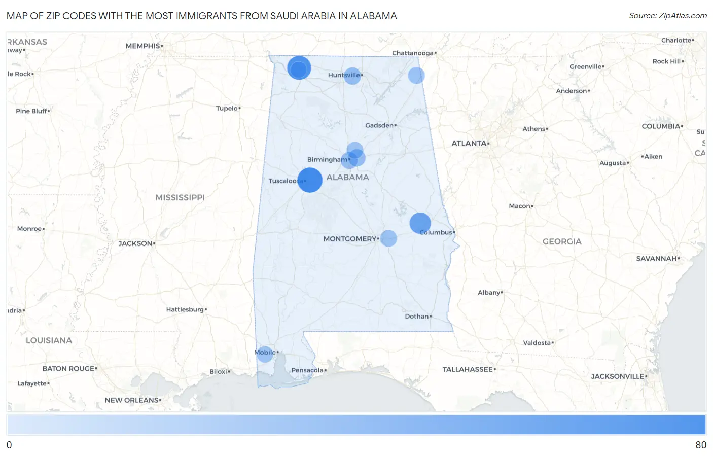 Zip Codes with the Most Immigrants from Saudi Arabia in Alabama Map
