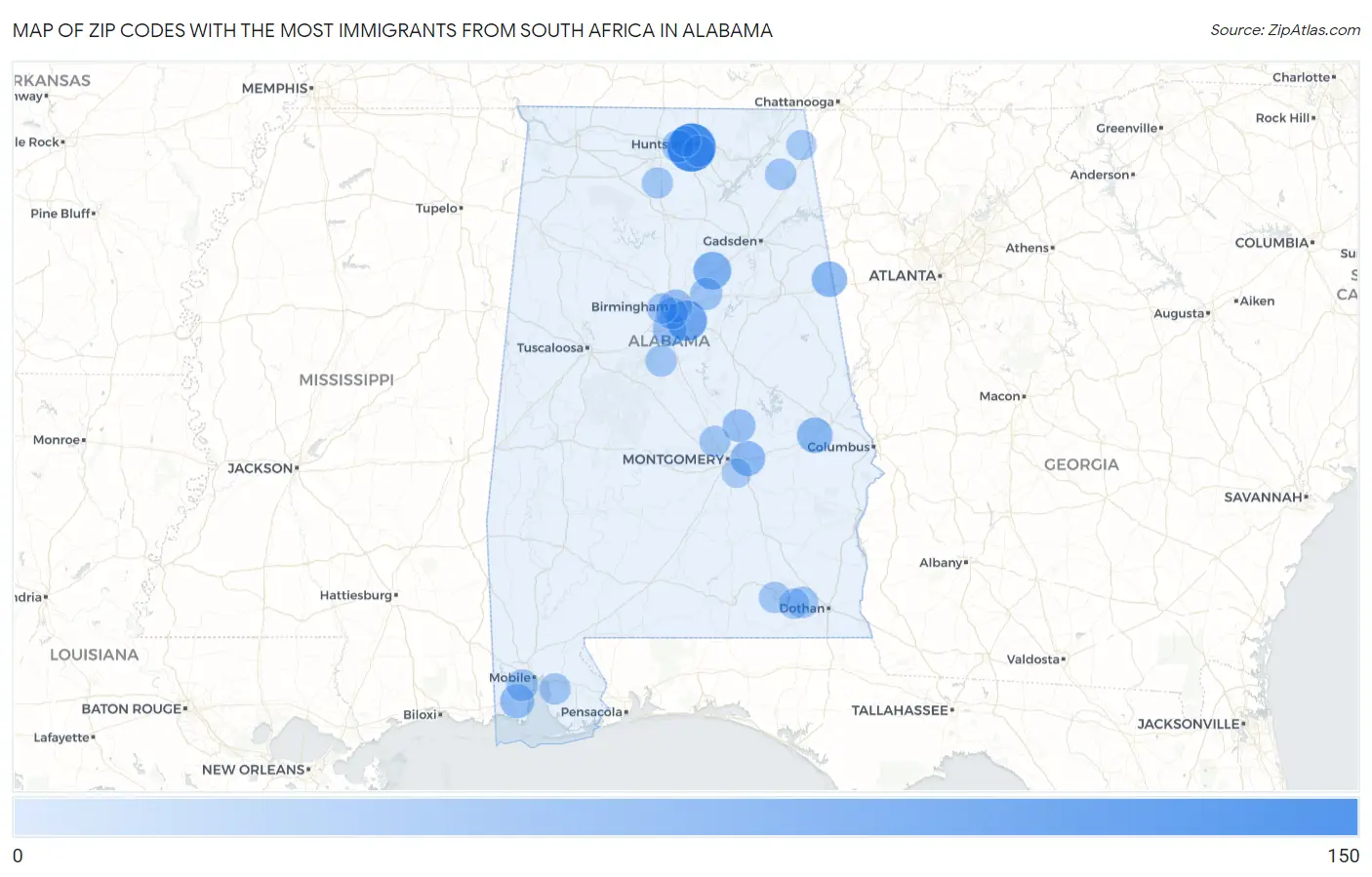 Zip Codes with the Most Immigrants from South Africa in Alabama Map