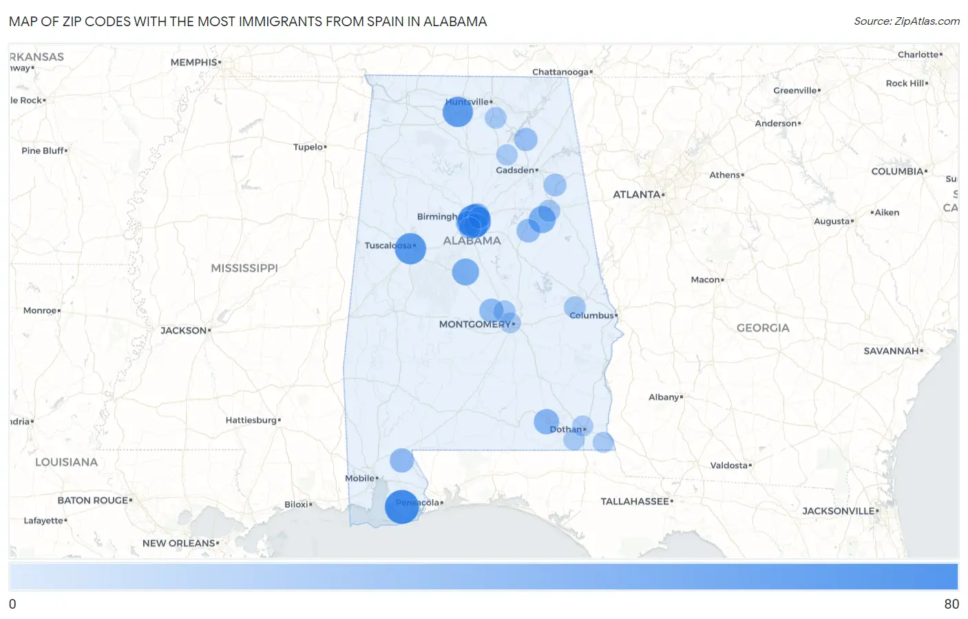 Zip Codes with the Most Immigrants from Spain in Alabama Map