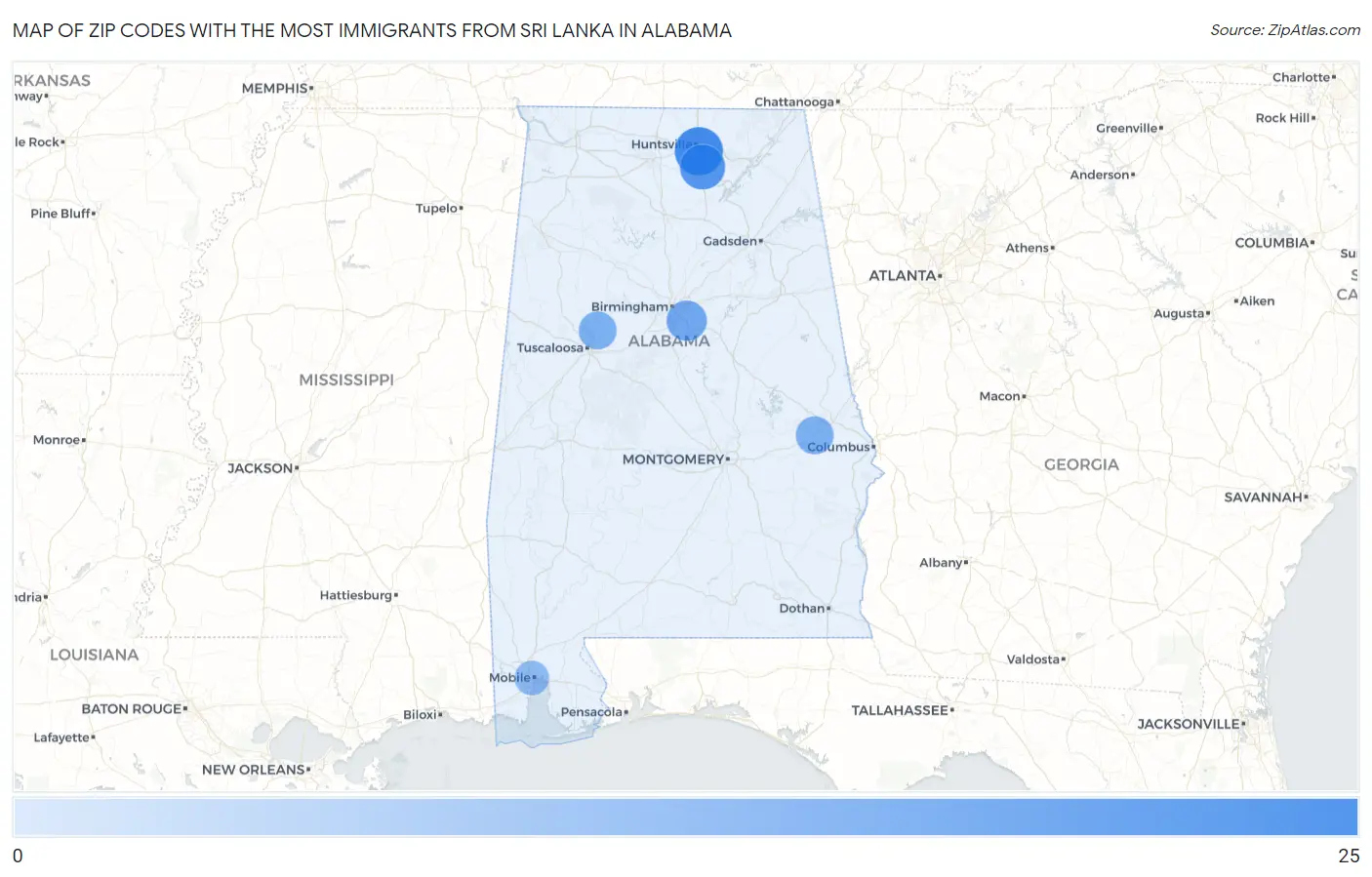 Zip Codes with the Most Immigrants from Sri Lanka in Alabama Map