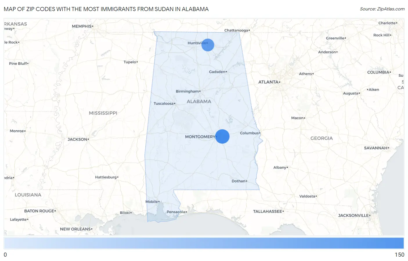 Zip Codes with the Most Immigrants from Sudan in Alabama Map