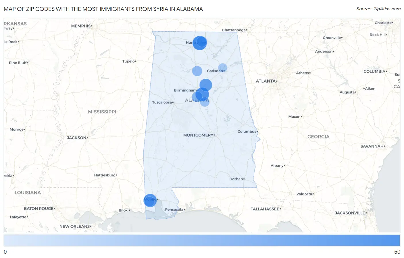 Zip Codes with the Most Immigrants from Syria in Alabama Map