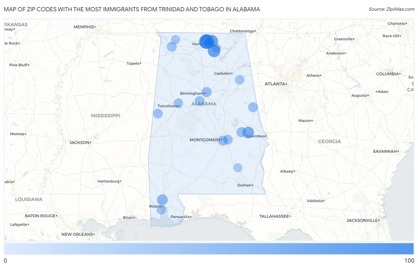 Zip Codes with the Most Immigrants from Trinidad and Tobago in Alabama Map