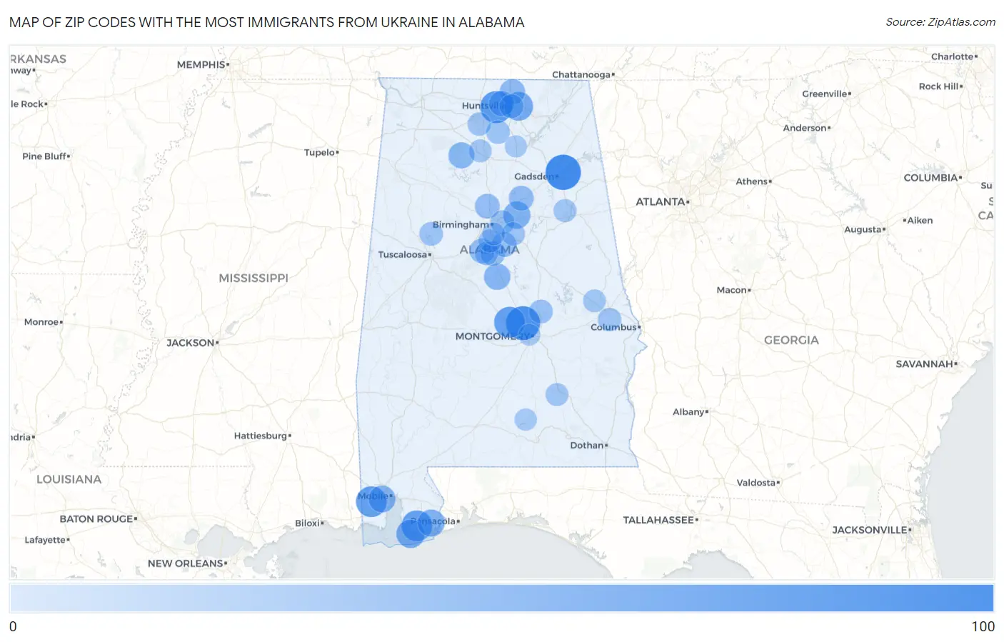 Zip Codes with the Most Immigrants from Ukraine in Alabama Map