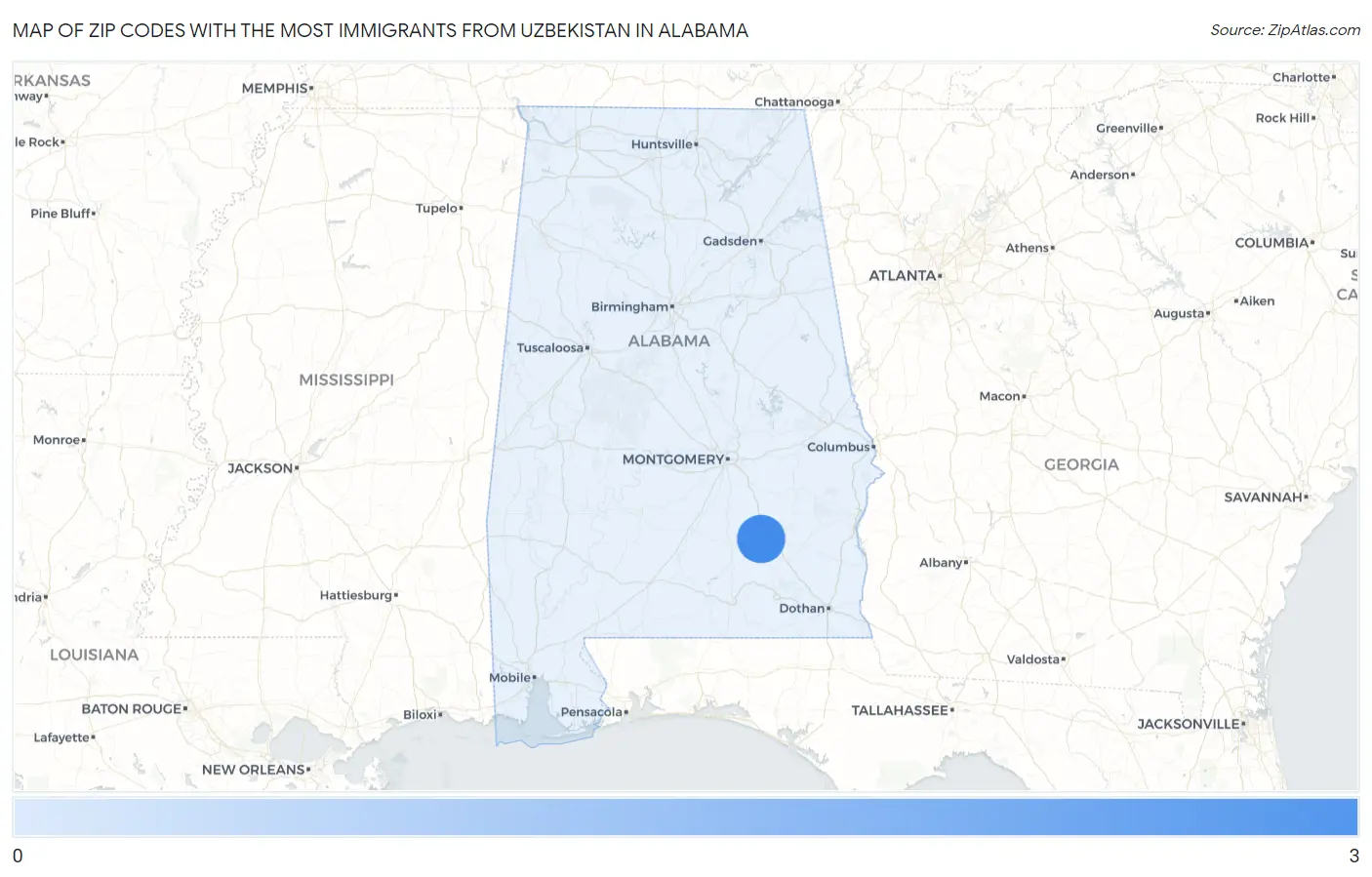 Zip Codes with the Most Immigrants from Uzbekistan in Alabama Map