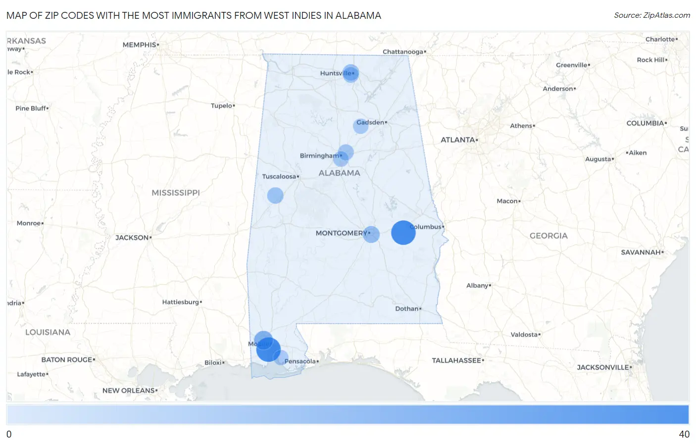Zip Codes with the Most Immigrants from West Indies in Alabama Map