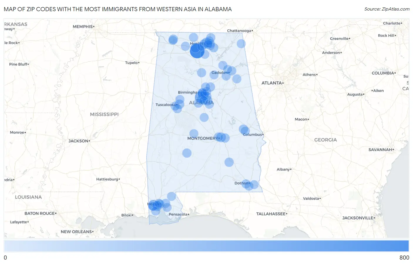 Zip Codes with the Most Immigrants from Western Asia in Alabama Map