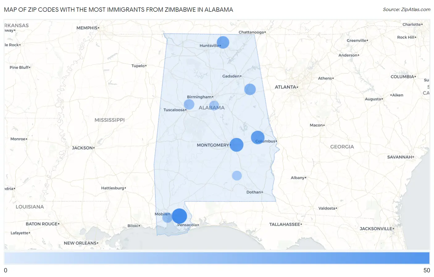 Zip Codes with the Most Immigrants from Zimbabwe in Alabama Map
