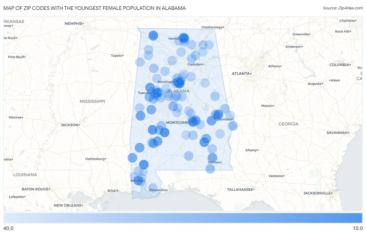 Zip Codes with the Youngest Female Population in Alabama Map