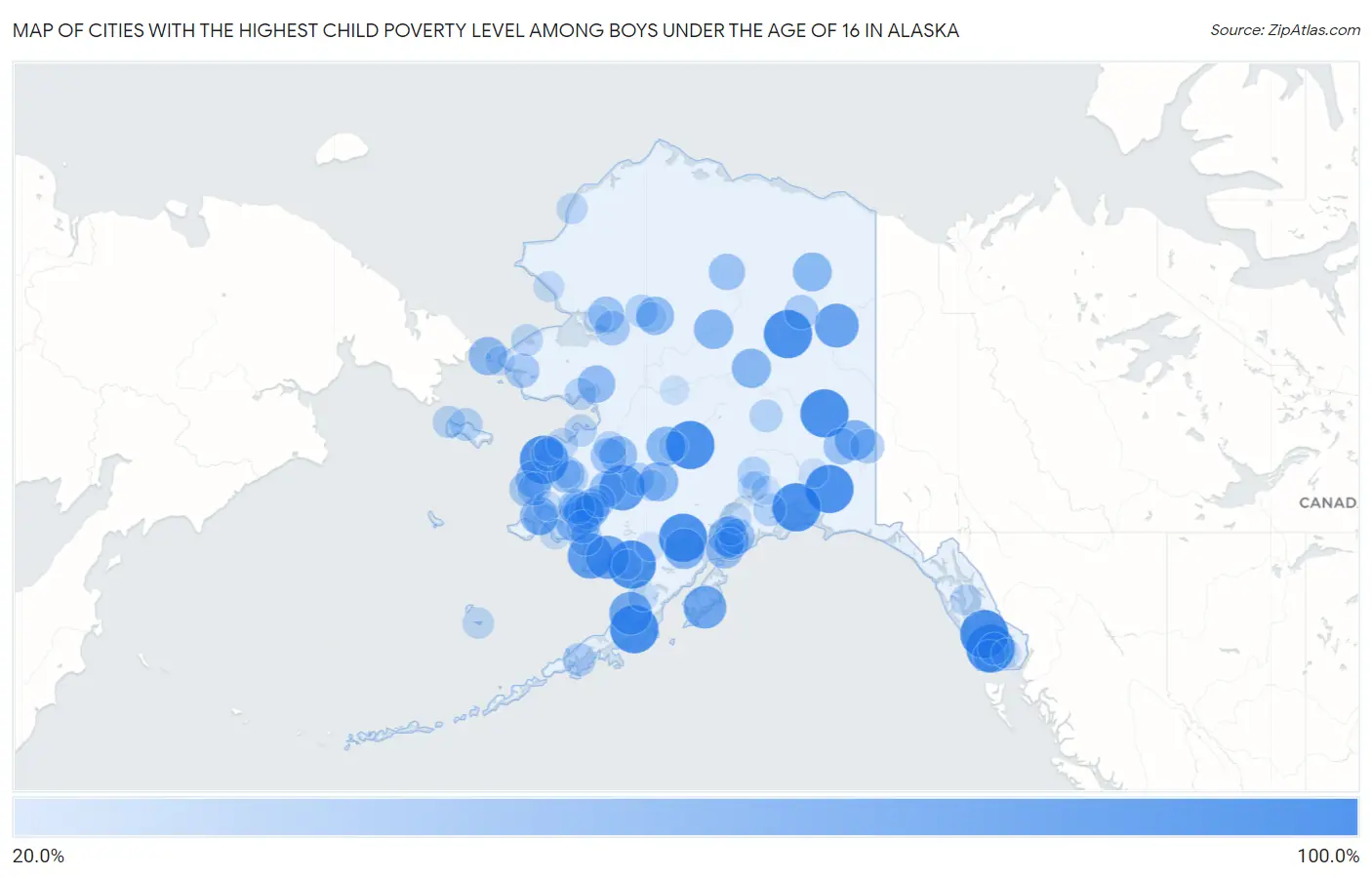 Cities with the Highest Child Poverty Level Among Boys Under the Age of 16 in Alaska Map