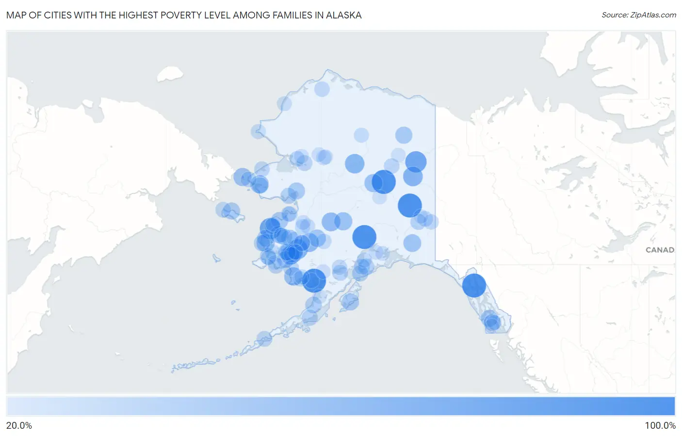 Cities with the Highest Poverty Level Among Families in Alaska Map