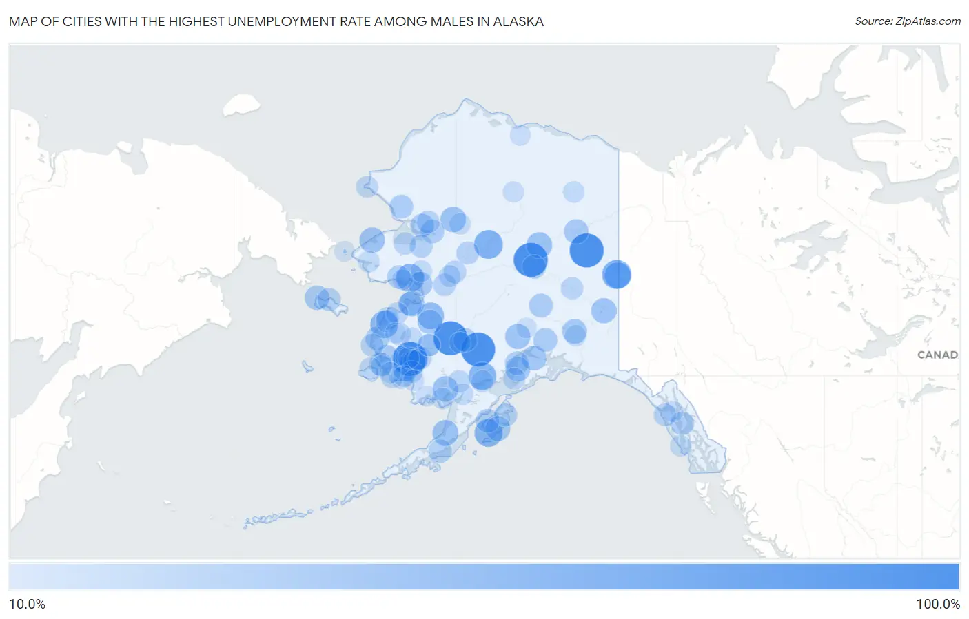 Cities with the Highest Unemployment Rate Among Males in Alaska Map