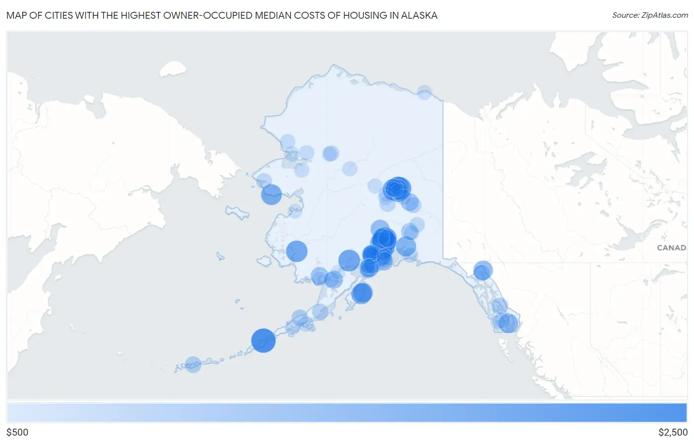 Cities with the Highest Owner-Occupied Median Costs of Housing in Alaska Map