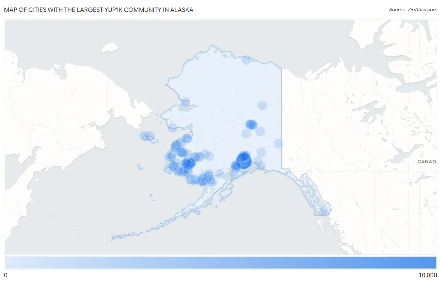 Cities with the Largest Yup'ik Community in Alaska Map