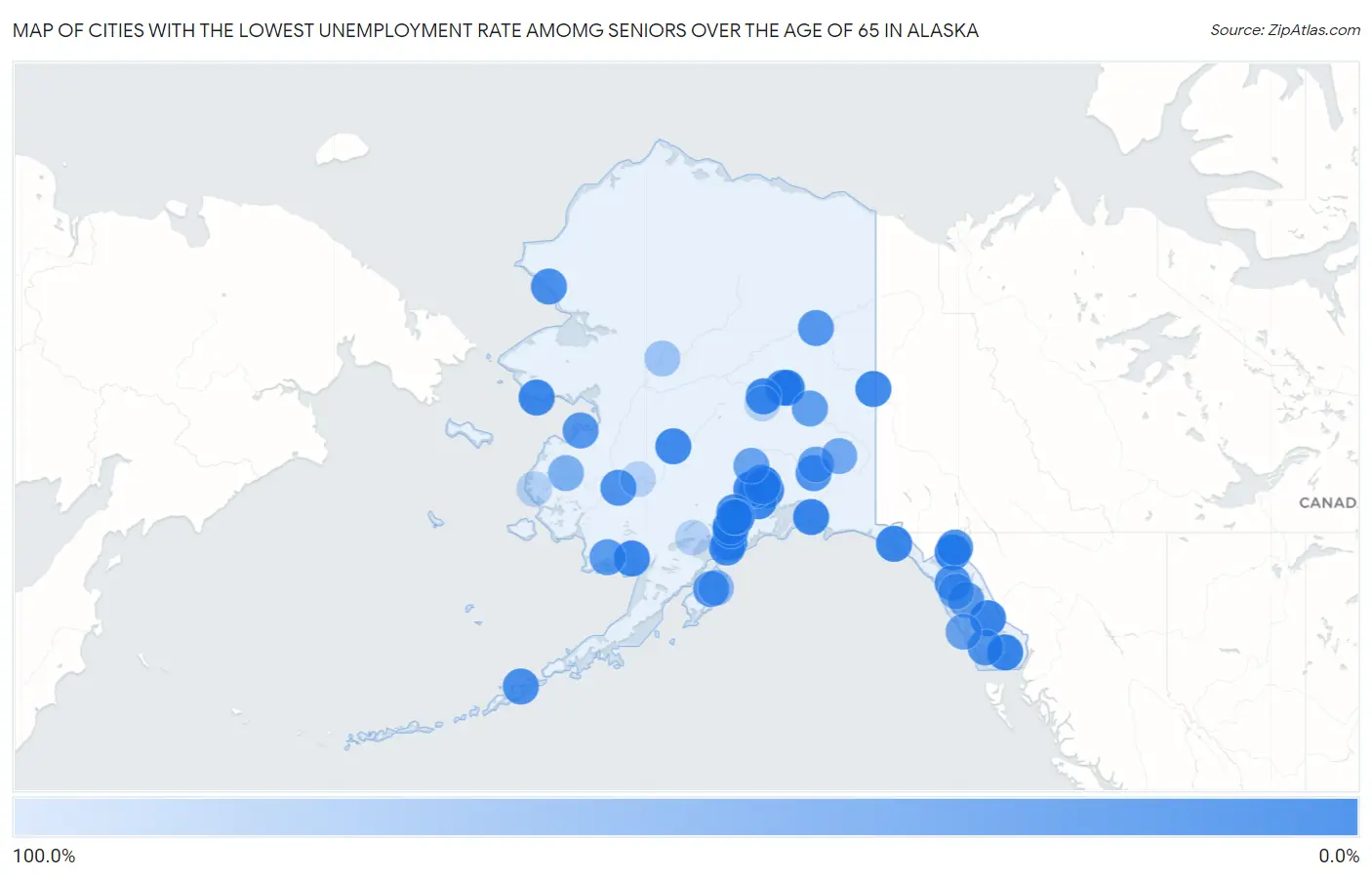 Cities with the Lowest Unemployment Rate Amomg Seniors Over the Age of 65 in Alaska Map
