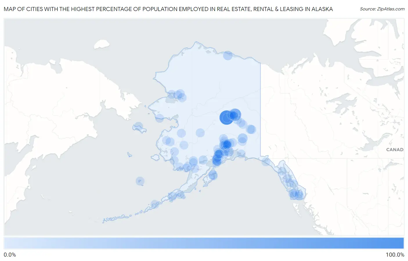 Cities with the Highest Percentage of Population Employed in Real Estate, Rental & Leasing in Alaska Map