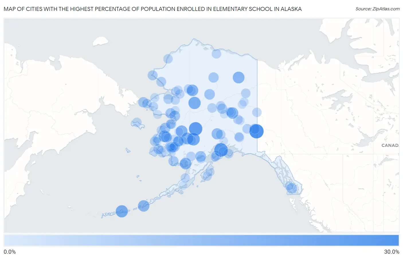 Cities with the Highest Percentage of Population Enrolled in Elementary School in Alaska Map
