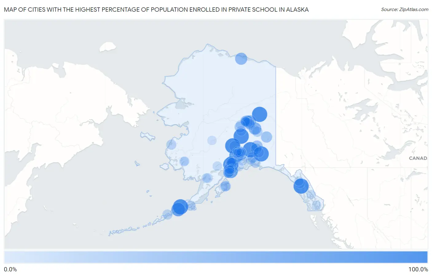 Cities with the Highest Percentage of Population Enrolled in Private School in Alaska Map