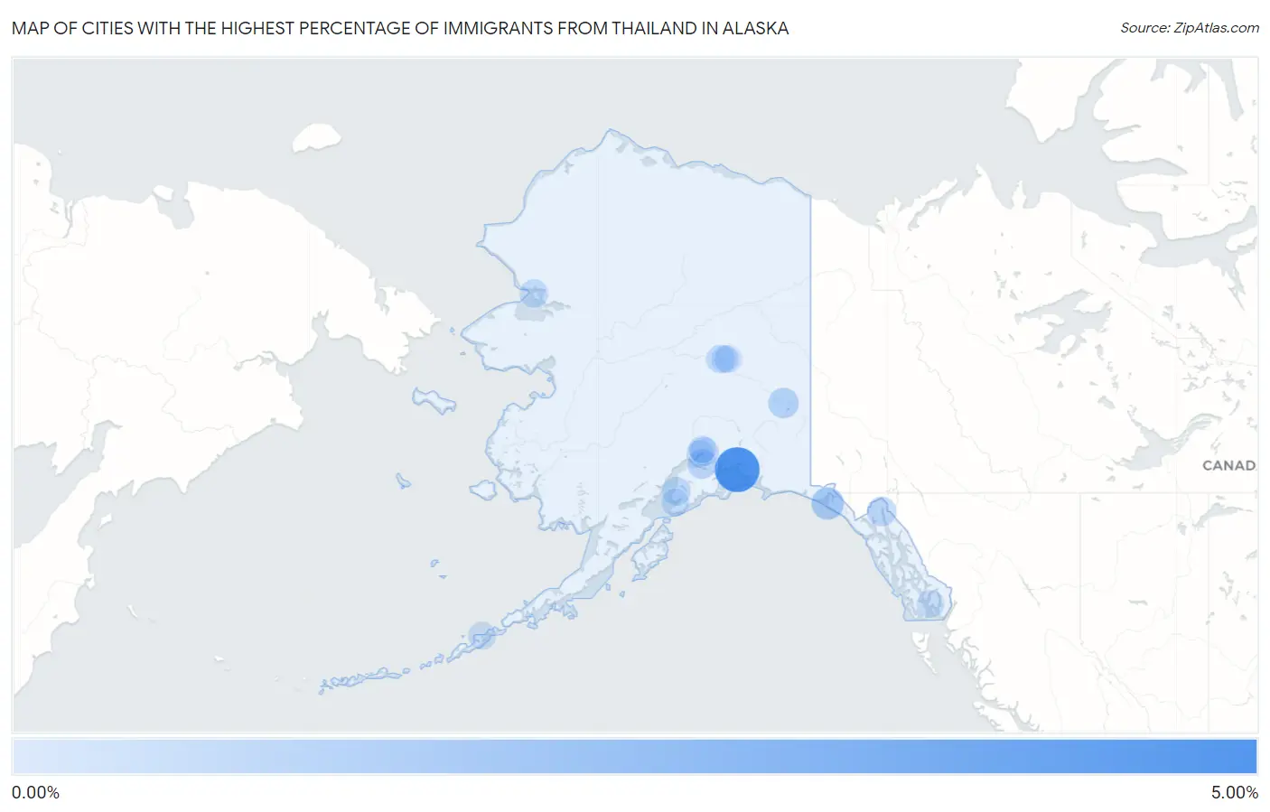 Cities with the Highest Percentage of Immigrants from Thailand in Alaska Map