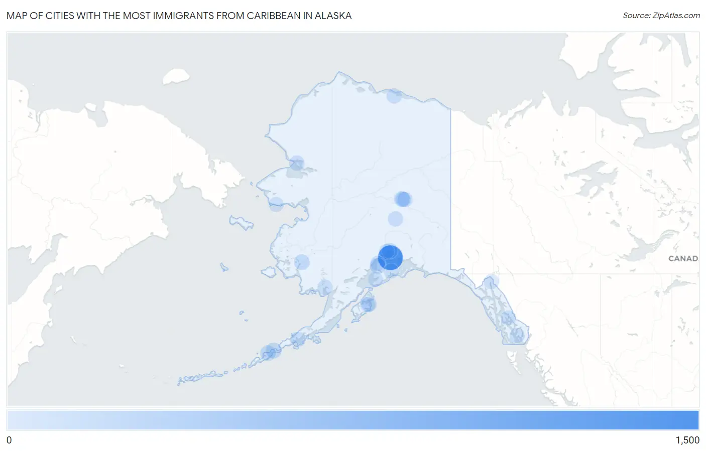 Cities with the Most Immigrants from Caribbean in Alaska Map
