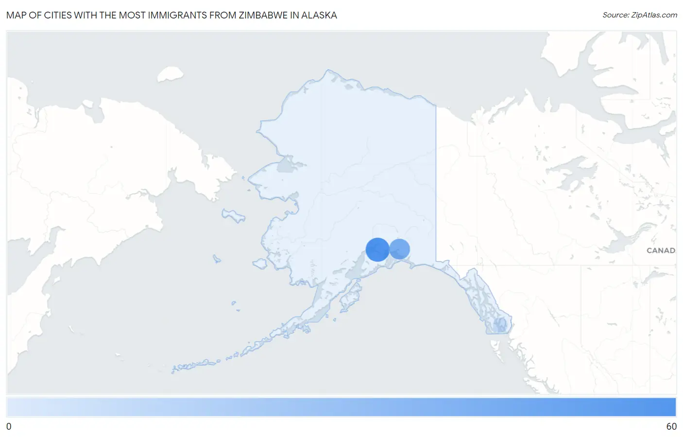 Cities with the Most Immigrants from Zimbabwe in Alaska Map