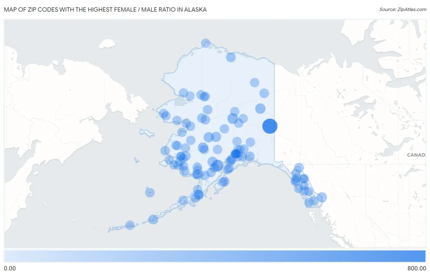 Zip Codes with the Highest Female / Male Ratio in Alaska Map