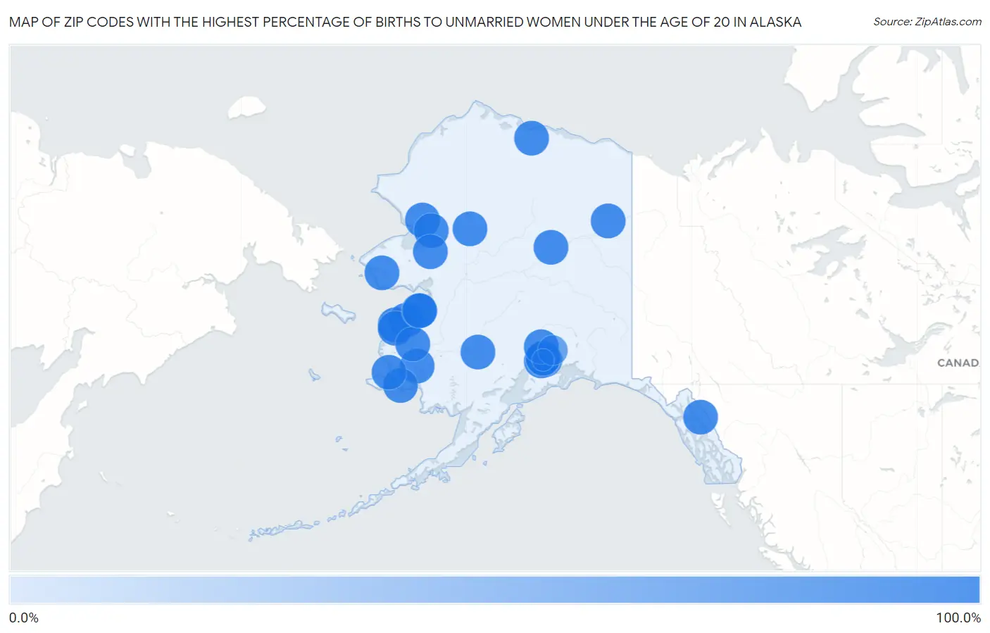 Zip Codes with the Highest Percentage of Births to Unmarried Women under the Age of 20 in Alaska Map