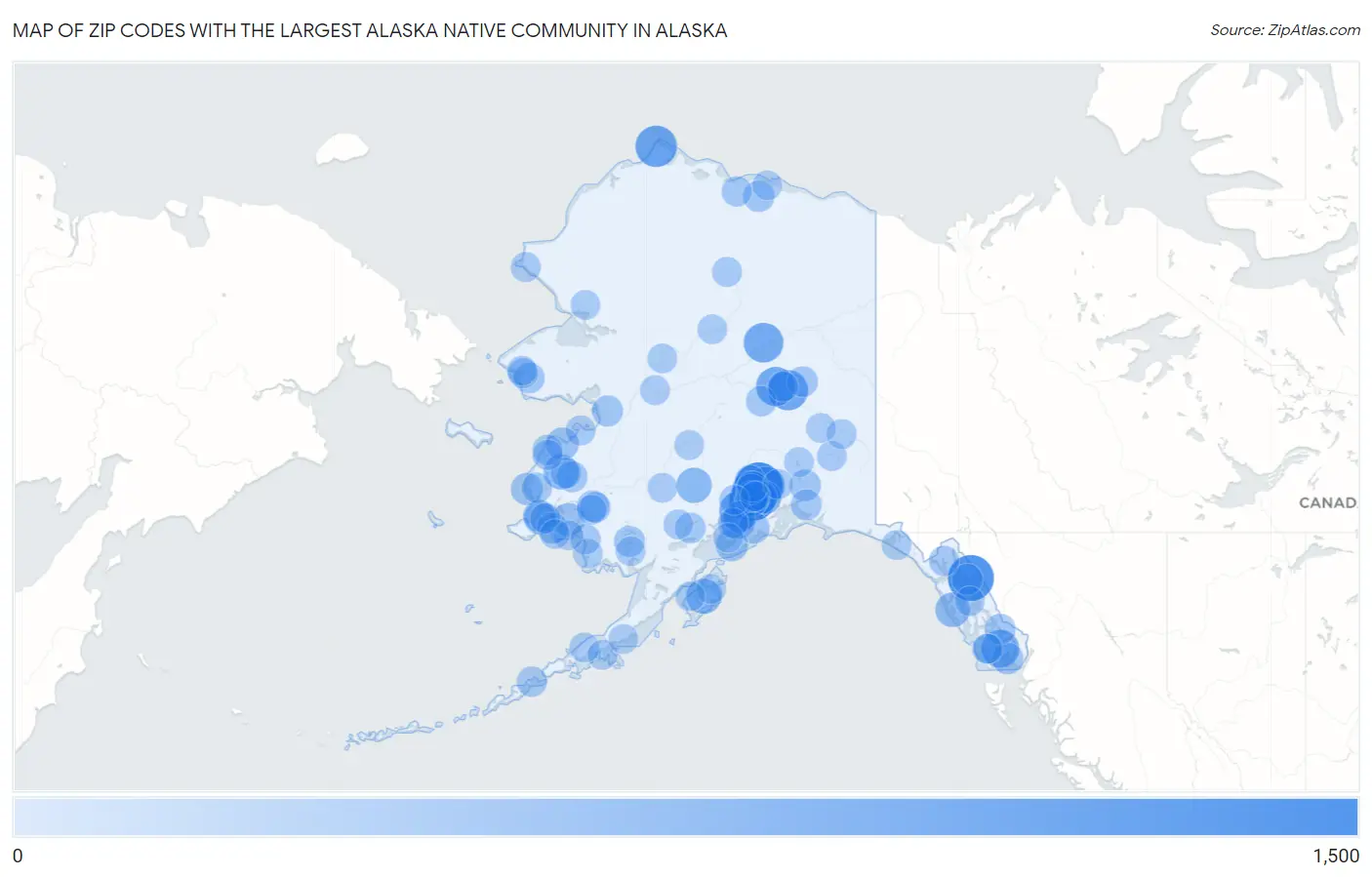 Zip Codes with the Largest Alaska Native Community in Alaska Map