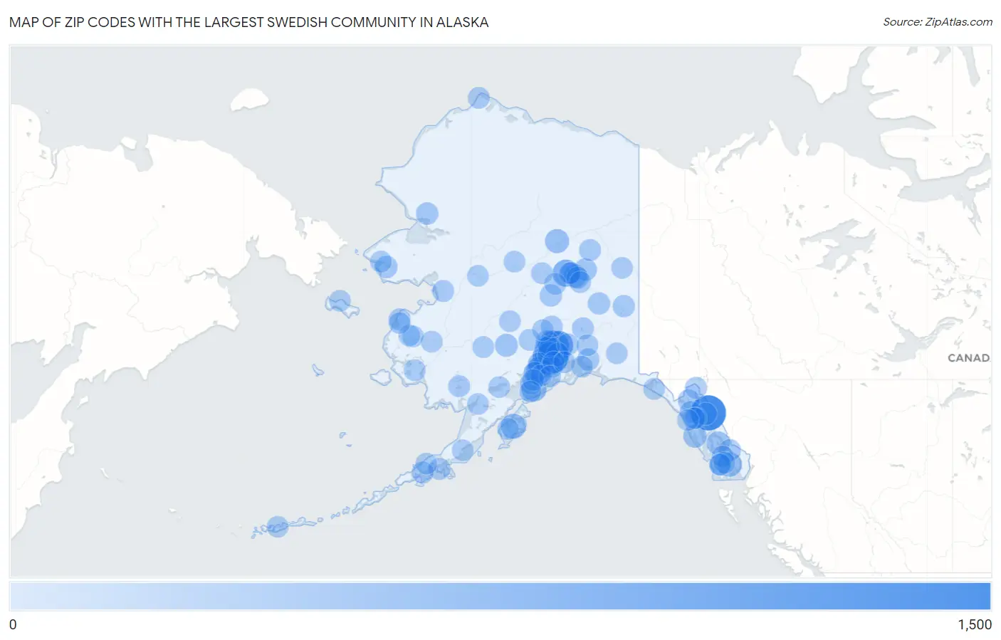 Zip Codes with the Largest Swedish Community in Alaska Map