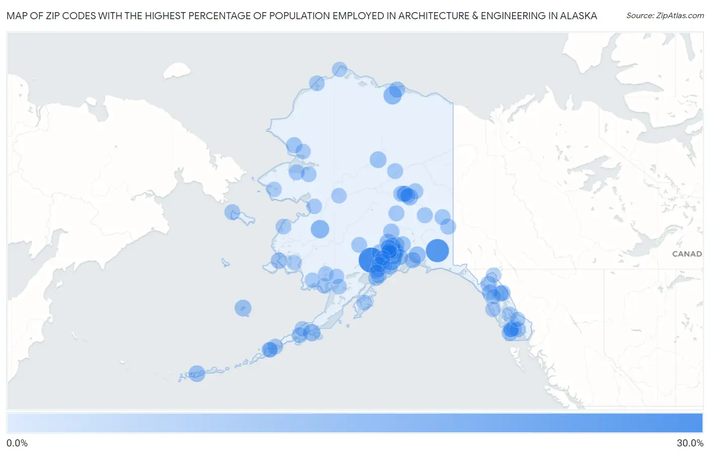 Zip Codes with the Highest Percentage of Population Employed in Architecture & Engineering in Alaska Map