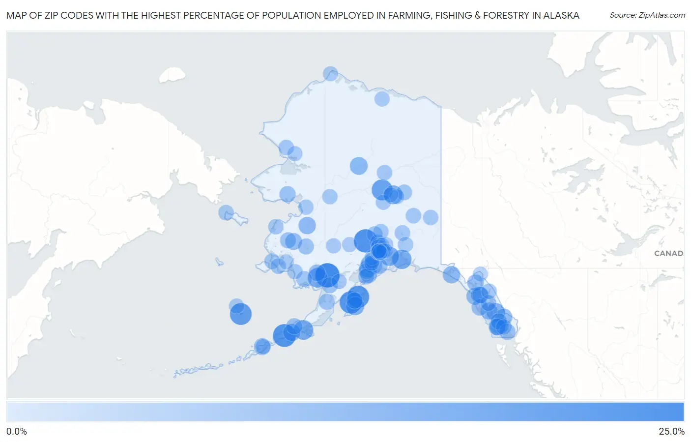 Zip Codes with the Highest Percentage of Population Employed in Farming, Fishing & Forestry in Alaska Map
