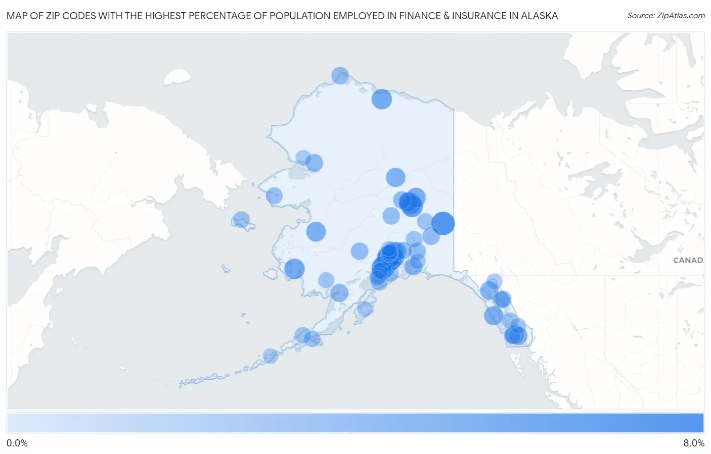 Zip Codes with the Highest Percentage of Population Employed in Finance & Insurance in Alaska Map