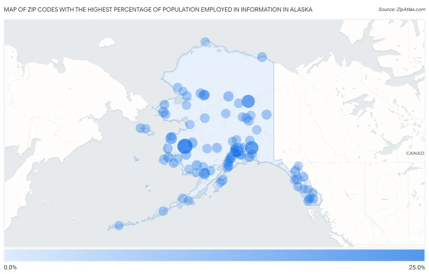 Zip Codes with the Highest Percentage of Population Employed in Information in Alaska Map