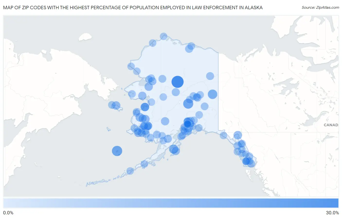 Zip Codes with the Highest Percentage of Population Employed in Law Enforcement in Alaska Map