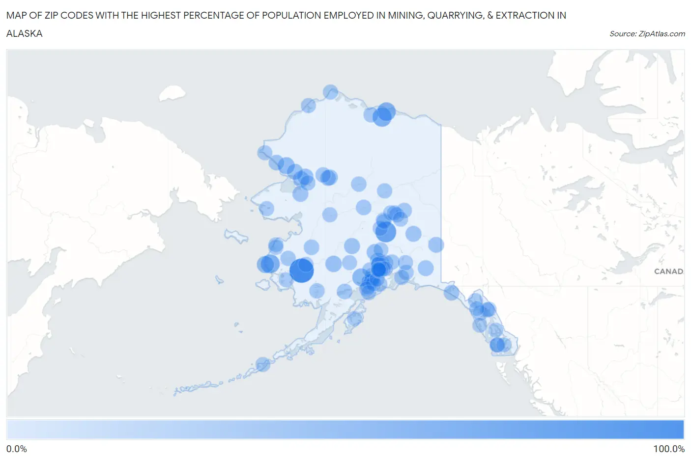Zip Codes with the Highest Percentage of Population Employed in Mining, Quarrying, & Extraction in Alaska Map