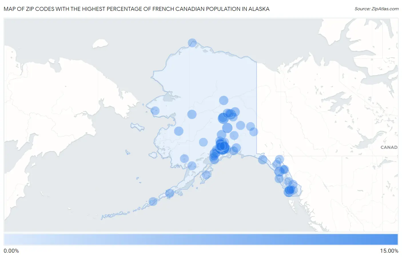 Zip Codes with the Highest Percentage of French Canadian Population in Alaska Map