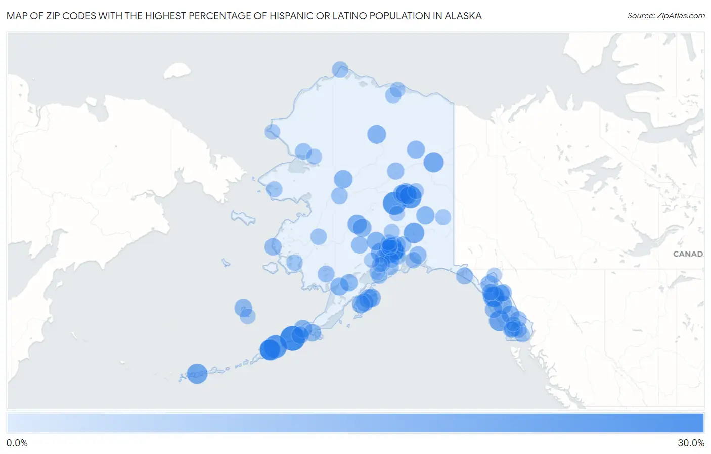 Zip Codes with the Highest Percentage of Hispanic or Latino Population in Alaska Map